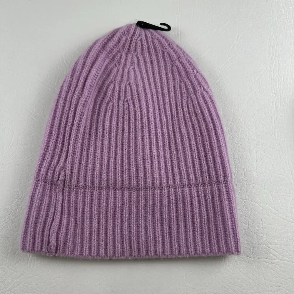 100% Cashmere Violet Ribbed Knit Beanie Cuffed Winter Hat Women’s